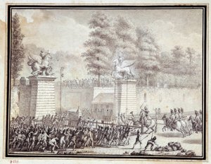 Französische Revolution: Monsieur de Lambesc betritt die Tuilerien mit einem Detachement des königlichen deutschen Regiments am 12. Juli 1789 von Jean Louis the Younger Prieur