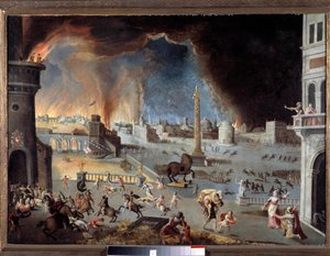 Die Eroberung von Troja. Szene des Trojanischen Krieges, die Stadt wird von den Griechen verwüstet, die dank des Pferdes in die Stadt eindringen konnten.