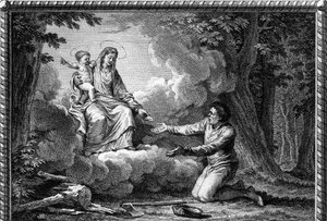 Die Jungfrau erscheint dem Zimmermann in der Nähe von Puy-en-Velay und gibt ihm eine Medaille und befiehlt ihm, für den Frieden zu arbeiten: Dies ist der Ausgangspunkt des Treve de Dieu, der 1044 eingerichtet wurde. Gravur