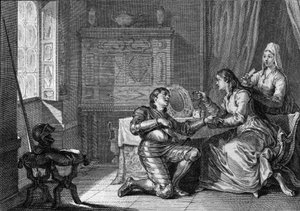 Eine Frau bietet einem Ritter ein Stoffarmband aus ihrem Haar als Liebespfand an. 10.-11. Jahrhundert. Gravur von Jean Michel Moreau, genannt Moreau le Jeune (1741-1814)