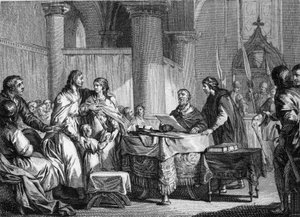 Abdankung von Karlmann (ca. 715-754), Bürgermeister des Palastes von Austrasien, zugunsten seines Bruders, Pippin III., genannt Pippin der Kurze (714-768), 747. Gravur von Jean Michel Moreau, genannt Moreau le Jeune (1741-1814) von Jean Michel the Younger Moreau