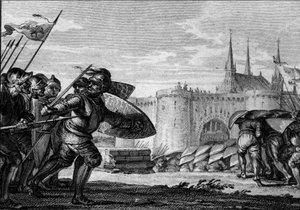 Wikingerarmee greift Saint Germain des Pres und seine Abtei an. 9. Jahrhundert (Regierung von Karl II. dem Kahlen). Gravur von Jean Michel Moreau, genannt Moreau le Jeune (1741-1814)