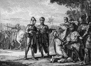 Schlacht von Tertry, 687: Sieger der Armee von Neustrien, Pippin der Jüngere oder Herstal (circa 653-714), Prinz von Austrasien, erkennt die Autorität des Königs von Neustrien, Thierry III. (657-691), an. Gravur von Jean Michel Moreau, genannt Moreau le Je von Jean Michel the Younger Moreau