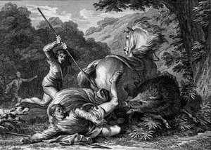 Karlmann II. starb 884 bei einem Jagdspiel. Ein Diener stieß versehentlich seinen Spieß in den Oberschenkel des Königs, als er ihm gegen ein Wildschwein helfen wollte. Gravur von Jean Michel Moreau, genannt Moreau le Jeune von Jean Michel the Younger Moreau