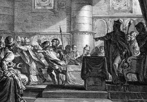 Klerus zwischen Klerus und Adel versammelt im Parlament in Epernay (Marne) durch Karl den Kahlen (846). Gravur von J. P. Le Bas nach Moreau le jeune. 18. Jahrhundert. von Jean Michel the Younger Moreau