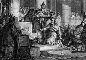 Krönung von Karl dem Großen, 25. Dezember 800: Der König der Franken (747-814) wird von Papst Leo III. (750-816) in der Peterskirche in Rom zum Kaiser des Westens geweiht. Gravur von Jean Michel Moreau, genannt Moreau le Jeune (1741-1814) von Jean Michel the Younger Moreau