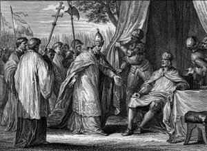 Interview zwischen Papst Gregor IV. (gestorben 844) und Ludwig I. dem Frommen (778-840) im Jahr 833, um den Streit zwischen dem König und seinen Söhnen Lothar, Pippin und Ludwig zu schlichten. Gravur von Jean Michel Moreau, genannt Moreau le Jeune (1741-18 von Jean Michel the Younger Moreau