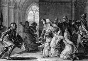 Ludwig der Fromme vertreibt seine Schwestern und Neffen aus dem Palast, 814. Sie werden der Verschwörung gegen ihn beschuldigt. Gravur von Jean Michel Moreau, genannt Moreau le Jeune (1741-1814)