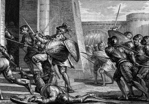 Robert der Starke starb (circa 815-866), Herzog von Frankreich, während der Schlacht von Brissarthe im Jahr 866, in der die Franken gegen eine Armee aus Bretonen und Wikingern kämpften. Gravur von Jean Michel Moreau, genannt Moreau le Jeune