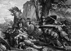 Roland starb während der Schlacht von Roncesvaux zwischen der Armee Karls des Großen und der der Sarazenen. 778. Gravur von Jean Michel Moreau, genannt Moreau le Jeune (1741-1814) von Jean Michel the Younger Moreau