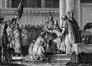 Krönung von Pippin dem Jüngeren (714-768), Basilika Saint-Denis, 28. Juli 754: Papst Stephan II. weihte ihn zum König der Franken und Patricius Romanorum. An seiner Seite seine beiden Söhne, Karlmann und Karl (der zukünftige Karl der Große). Gravur. von Jean Michel the Younger Moreau