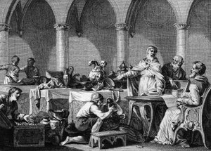 Teilung der Schätze von Dagobert I. (602/605-638), König der Franken, nach seinem Tod, unter der Aufsicht der beiden Bürgermeister des Palastes, Pippin von Landen und Aega. Gravur von Jean Michel Moreau, genannt Moreau le Jeune (1741-1814)