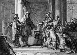 Die Prinzessin von Aquitanien, Lampagie, wurde von ihrem Vater (Eudes) gezwungen, den maurischen Hauptmann Munuza (Uthman ibn Naissa) zu heiraten, um Frieden mit den Sarazenen zu sichern, 730. (Gravur von Jean Michel Moreau, genannt Moreau le Jeune) von Jean Michel the Younger Moreau