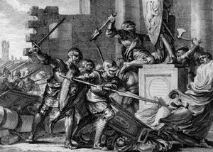 Krieg gegen die Sachsen, 772: Zerstörung des Tempels und Götzenbildes von Irmensul, der heidnischen Gottheit der Sachsen, durch die Armee Karls des Großen. Ehresburg, Deutschland. Gravur von Jean Michel Moreau, genannt Moreau le Jeune (1741-1814) von Jean Michel the Younger Moreau