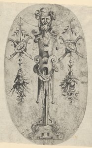 Männliche Endfigur, Kopf mit Bart und Turban auf einem dreiviertel Riemenwerk von Jean Mignon