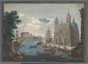 Ansicht einer gotischen Kathedrale am Wasser von Jean Moyreau