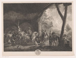 Jagdgesellschaft, die aus einem Stall aufbricht (Prenten naar schilderijen door Philips Wouwerman) von Jean Moyreau