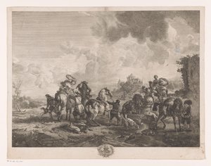 Rastende Jagdgesellschaft bei einem Brunnen (La Fontaine de Venus, Prenten naar schilderijen door Philips Wouwerman, Oeuvres de Ph.pe Wouwermans Hollandois)
