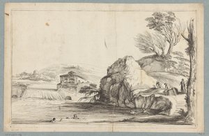 Landschaft mit Schwimmern bei einem kleinen Wasserfall von Jean Pesne