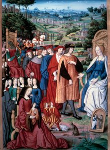 Allegorie: Vernunft und Mensch. Der König von Frankreich Ludwig XII. (1462-1515) schreitet auf die Vernunft zu, die seine Frau Königin Anne von Bretagne (1477-1514) entwirft