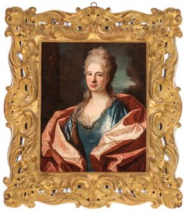 Porträt einer Dame, Brustlänge, in einem blauen Seidenkleid mit Spitze und Goldfaden bestickt von Jean Ranc