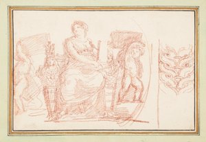 Sitzende weibliche Figur mit Büchern und Putti
