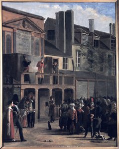 La Parade de Bobèche et Galimafre, Darstellung einer Menschenmenge, die eine Straßenshow beobachtet.