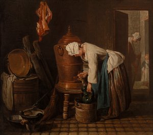 Frau schöpft Wasser aus einer Wasserurne