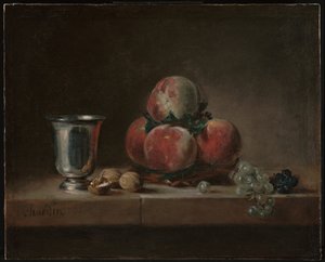 Stillleben mit Pfirsichen, einem Silberkelch, Trauben und Walnüssen von Jean Baptiste Simeon Chardin