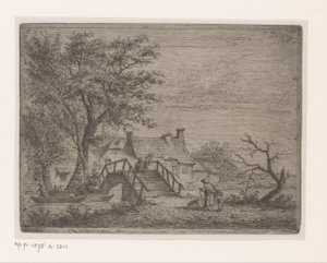 Landschaft mit Holzbrücke über einen Fluss
