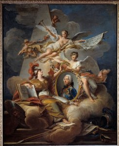 Allegorisches Porträt von Louis Charles Auguste Fouquet, Herzog von Belle Isle, Marschall von Frankreich (1684-1761). Gemälde in einem Gemälde. Gemälde von Jean Valade (1758) von Jean Valade