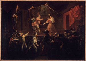 Bedauerliche Erfolge dieses Stücks. Einer der Palmspieler, dessen Kleidung gestohlen wurde, gibt La Rapiniere einen großen Schläger. Gemälde, das „Der komische Roman“ von Paul Scarron (1610-1660) illustriert. Öl auf Leinwand von Jean-Baptiste (Jean Baptist von Jean de Coulom