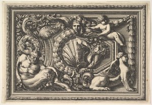 Entwurf für ein Paneel mit zwei Varianten, die einen Satyr und eine Sphinx enthalten, aus: Panneaux, 17. Jahrhundert von Jean le Pautre