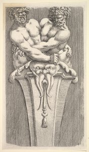 Entwurf für einen Pfeiler mit zwei bacchischen Figuren, aus: Curieuses recherches de plusieurs beaus ..., 1645