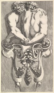 Entwurf für einen Abschluss mit zwei umarmenden Satyrn, aus: Curieuses recherches de plusieurs beaus, 1645 von Jean le Pautre