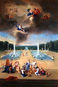 Haine von Versailles. Blick auf das Wasserparterre und die Tierkabinette, mit Priesterinnen, die ein Opfer für Venus vorbereiten von Jean the Younger Cotelle