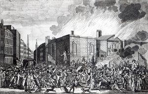 Eine genaue Darstellung der Verbrennung, Plünderung und Zerstörung von Newgate durch die Aufständischen am denkwürdigen 7. Juni 1780, graviert von Henry Roberts, 1781 von Jefferyes Hammett O