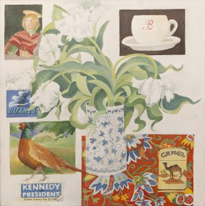 Ephemera, einschließlich Kaffeetasse, Zigarettenschachteln; Postkarte und Tulpen