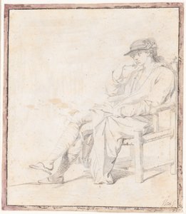 Ein junger Mann mit Hut und Morgenmantel. Ganze Figur sitzend, nach links gewandt