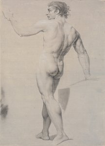 Modell stehend, von hinten gesehen, linker Arm erhoben