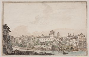 Stadtansicht mit Häusern und Kirche am Fluss. Antikes Rom