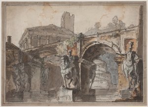 "Römische" Aussicht mit Brücke, Tempelruine und Reiterstatue