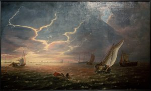 Segelschiffe in rauer See bei Sonnenuntergang
