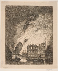 Großbrand in einem großen Gebäude an einem Fluss von Jes Bundsen