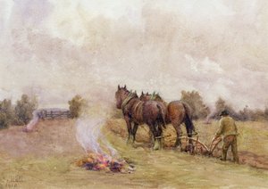 Pflügszene mit Feuern auf einem Feld, 1910