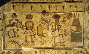 Detail des Mosaikbodens, der die Bindung Isaaks darstellt
