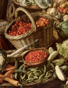 Detail eines Stilllebens mit Obst, Gemüse und einer Marktfrau, 1564