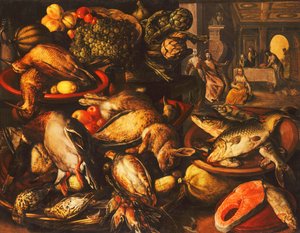 Wild, Fisch, Obst und Gemüse in Körben und Schalen in einer Speisekammer, 1569