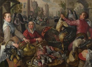 Die vier Elemente: Ein Geflügelstand in einer Stadt mit dem verlorenen Sohn im Hintergrund - eine Allegorie der Luft, 1569