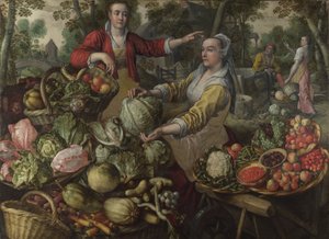 Die vier Elemente: Erde. Ein Obst- und Gemüsemarkt mit der Flucht nach Ägypten im Hintergrund - von Beuckelaer (Bueckelaer), Joachim (1533-1574) - 1569 National Gallery, London